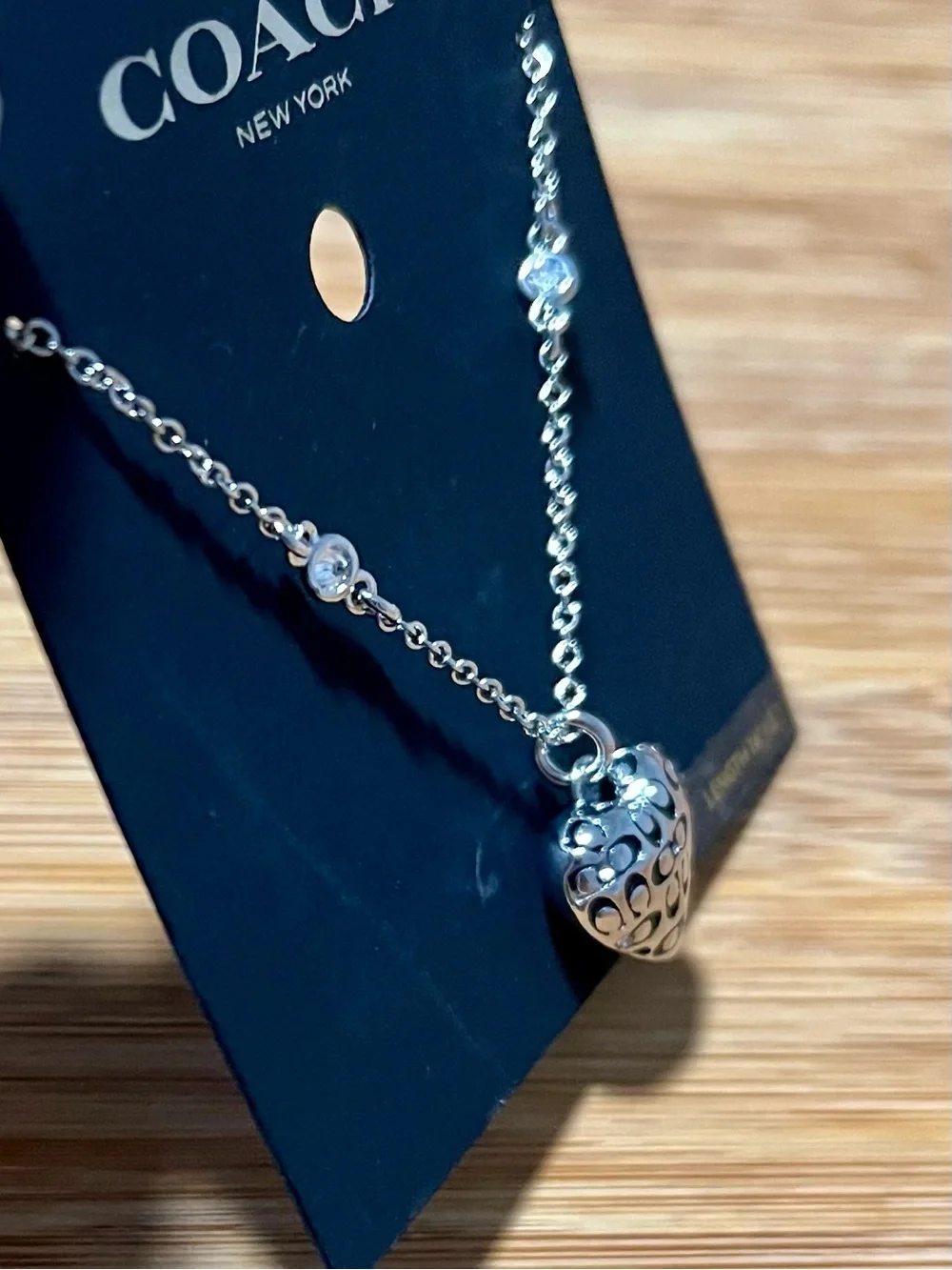 Coach Silver Tone 3D Heart Charm Pendant Necklace w/ Crystals Signature C Logos